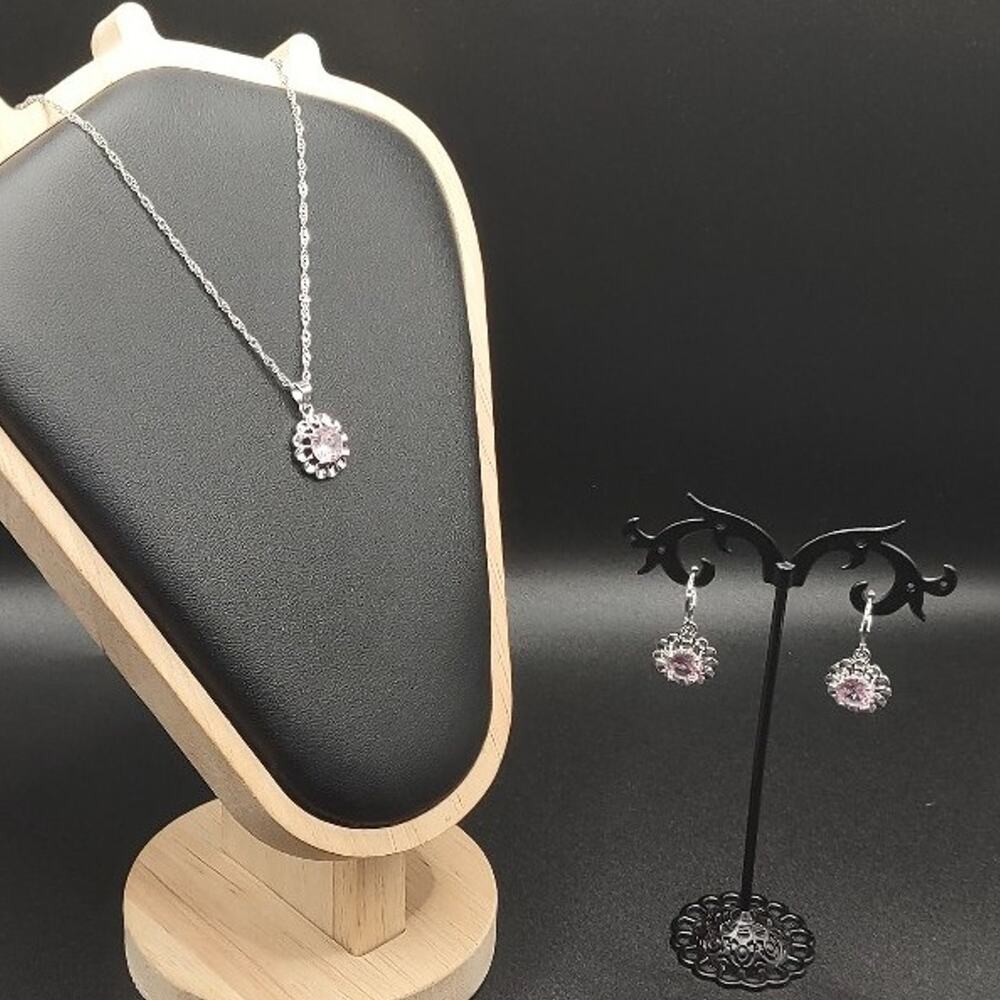 925 Silver Pink Necklace Earrings Flower CZ Diamond Set Spring Summer BOHO Gift